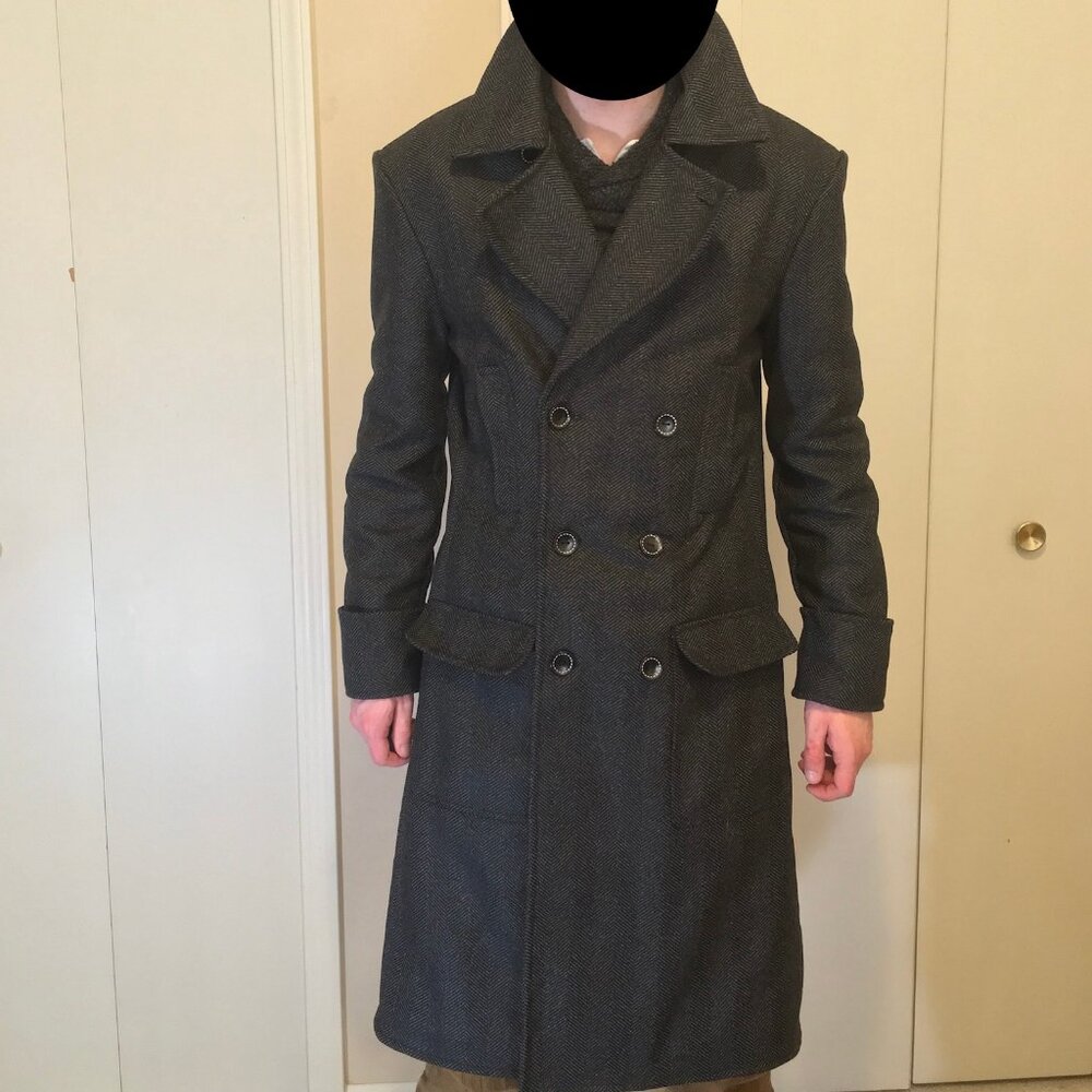 Custom Sherlock Holmes charcoal wool herringbone overcoat